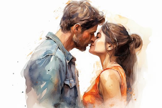 Evoke romance with a watercolor illustration portraying a couple kissing against a backdrop of flowers. The art captures the essence of a romantic and intimate date.