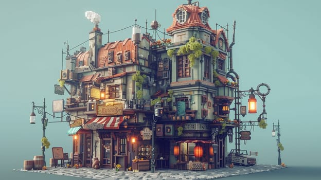 Steampunk city streets with mechanisms and clocks. High quality illustration