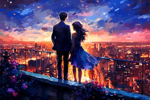 Immerse yourself in the romantic ambiance of a watercolor illustration depicting a couple in love against the backdrop of a night city. A dreamy and enchanting date.