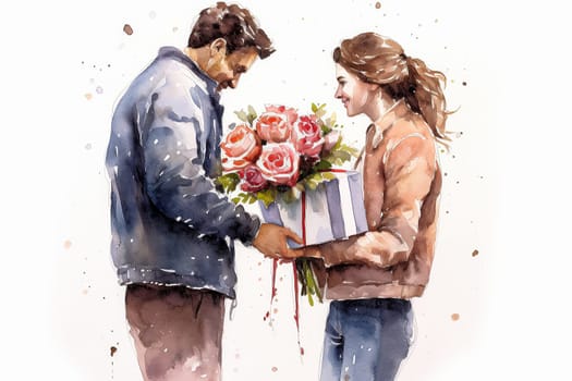 Experience the tenderness of a romantic date as a watercolor illustration beautifully depicts a guy presenting a bouquet of flowers to a delighted girl.