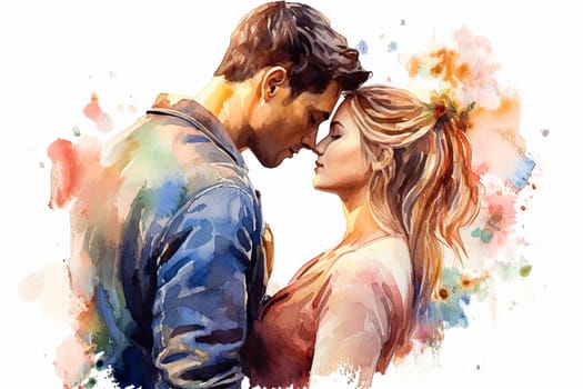 Evoke romance with a watercolor illustration portraying a couple kissing against a backdrop of flowers. The art captures the essence of a romantic and intimate date.