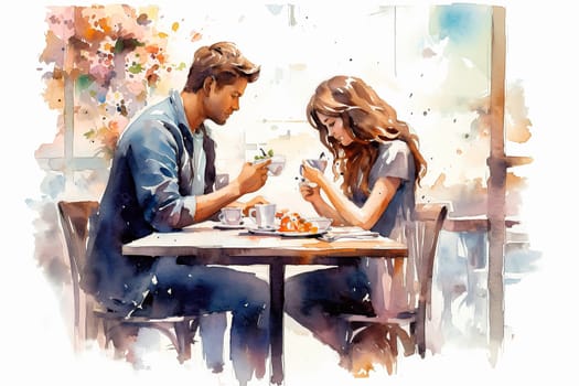 Indulge in a romantic date as a watercolor illustration portrays a couple in love having breakfast in a charming cafe. The art captures the essence of togetherness.