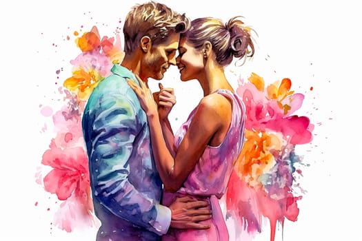 Evoke romance with a watercolor illustration portraying a couple kissing against a backdrop of flowers. The art captures the essence of a romantic and intimate date.