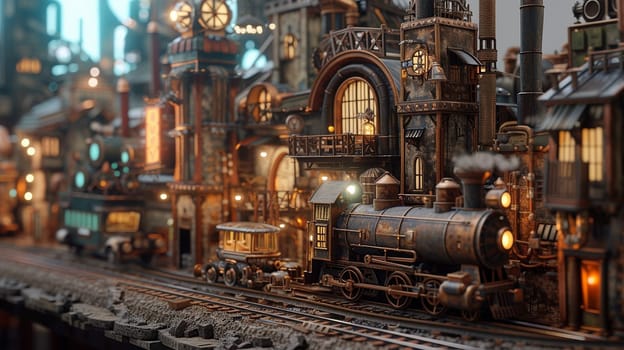 Steampunk city streets with mechanisms and clocks. High quality illustration