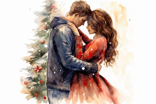 Elevate the romance with a watercolor illustration of a couple in love against a festive New Years background. The art captures the magic of the season.