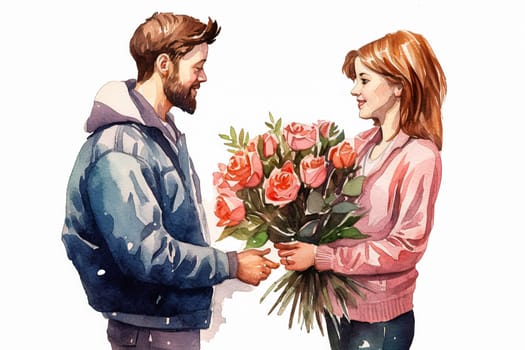 Experience the tenderness of a romantic date as a watercolor illustration beautifully depicts a guy presenting a bouquet of flowers to a delighted girl.