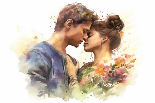 Evoke romance with a watercolor illustration portraying a couple kissing against a backdrop of flowers. The art captures the essence of a romantic and intimate date.