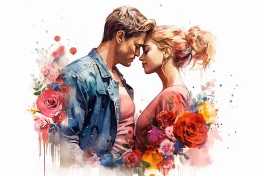 Evoke romance with a watercolor illustration portraying a couple kissing against a backdrop of flowers. The art captures the essence of a romantic and intimate date.