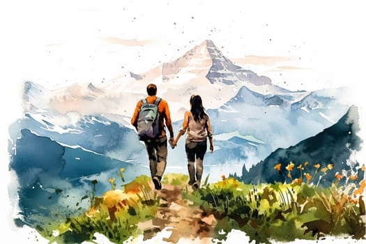 Experience the serenity of love with a watercolor illustration depicting a couple in the mountains. A picturesque scene capturing the essence of romance and togetherness.