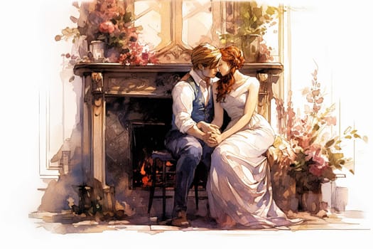 Immerse yourself in the warmth of love with a watercolor illustration portraying a couple sitting near the fireplace. An evocative concept for Valentines Day, embodying romance and love.