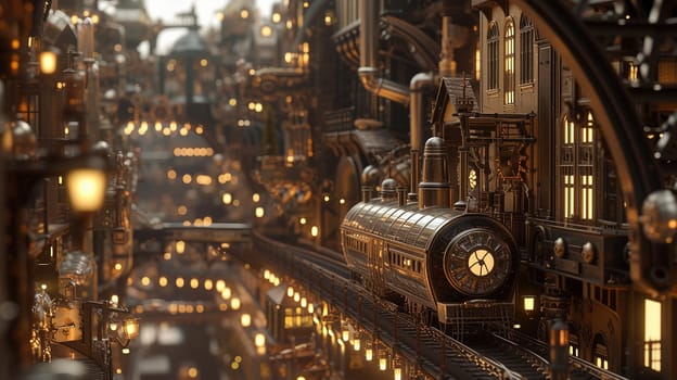 Steampunk city streets with mechanisms and clocks. High quality illustration