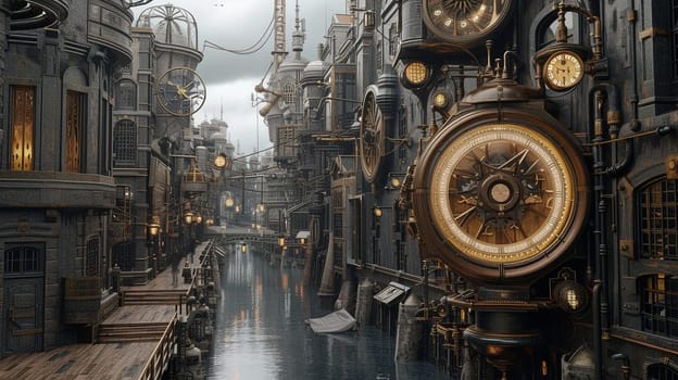 Steampunk city streets with mechanisms and clocks. High quality illustration
