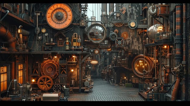 Steampunk city streets with mechanisms and clocks. High quality illustration