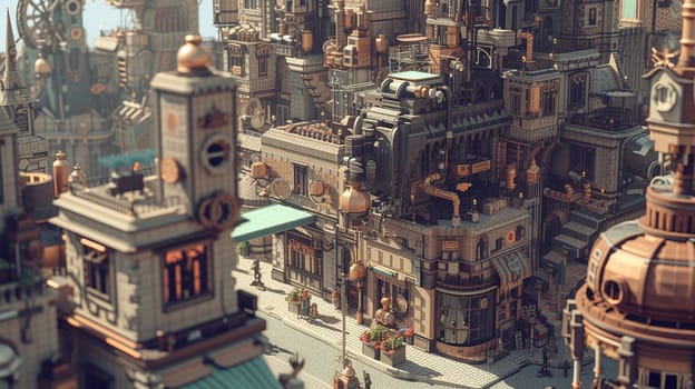 Steampunk city streets with mechanisms and clocks. High quality illustration