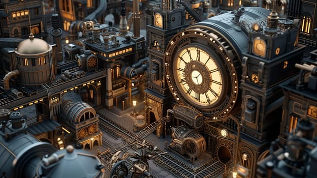 Steampunk city streets with mechanisms and clocks. High quality illustration