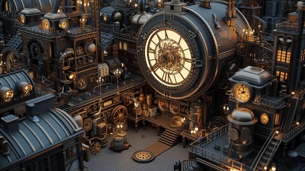 Steampunk city streets with mechanisms and clocks. High quality illustration