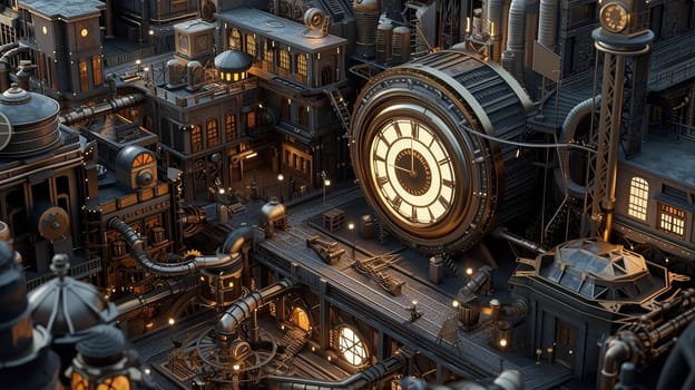 Steampunk city streets with mechanisms and clocks. High quality illustration