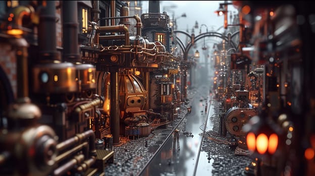 Steampunk city streets with mechanisms and clocks. High quality illustration