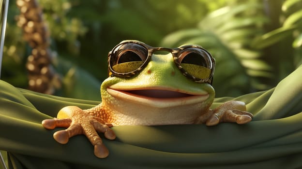 An smiling frog wearing sunglasses, casually lounging on an green hammock with a tropical backdrop.