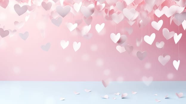 Paper hearts hang on threads on a pink background.