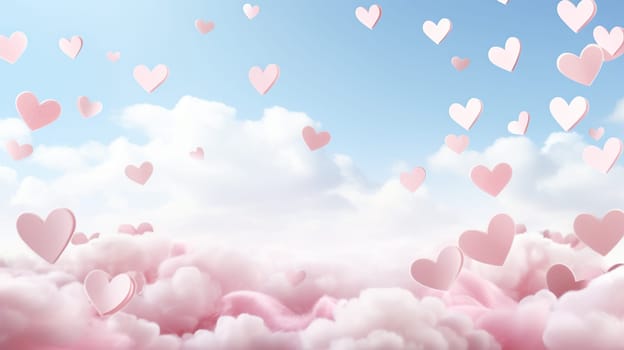 Horizontal blue sky background with pink paper hearts.