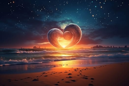 A beautiful bright heart glows in the sky above the sea. Romantic landscape.