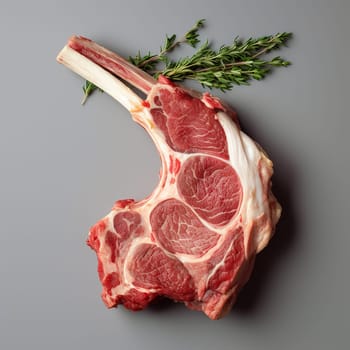 Raw, bone-in rib cut of meat with fresh herb garnish