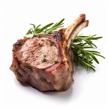 Grilled rack of lamb with rosemary on white.