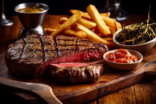 Grilled steak served with fries, greens, and dips on wooden board