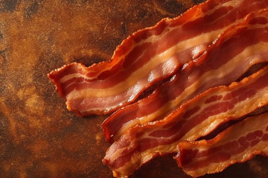 Sizzling crispy bacon strips on a rustic surface.