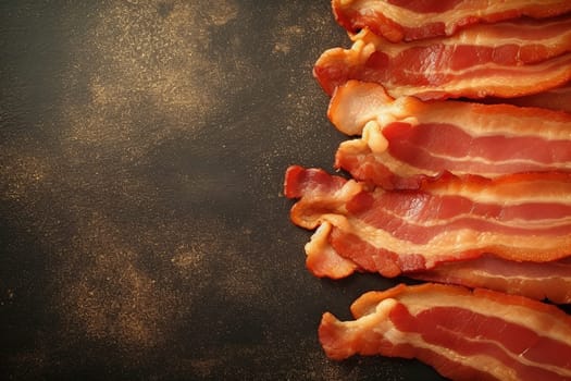 Sizzling strips of crispy bacon on a dark textured background.