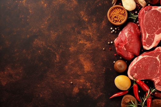 Raw steaks ready to cook with herbs and spices.