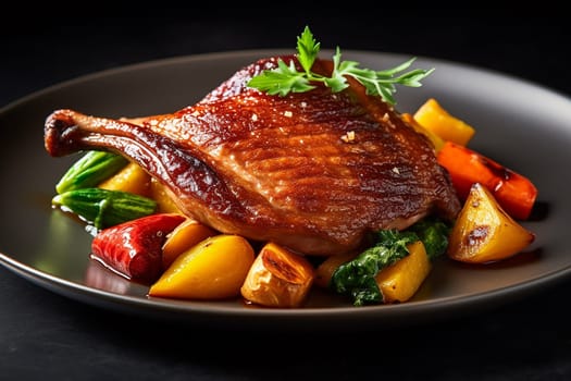Roasted duck leg on a plate with glazed vegetables, elegantly presented.