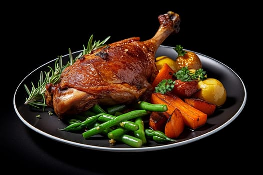 Roasted chicken leg served with green beans, carrots, and potatoes on a black plate.