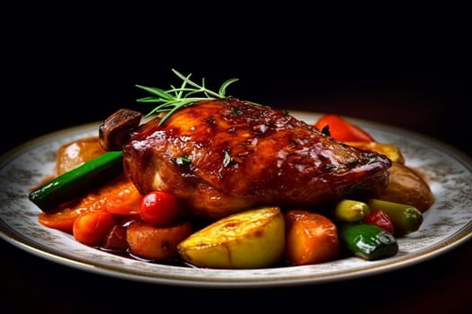 Glazed roasted chicken with vegetables on a plate.