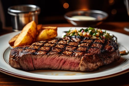 Grilled steak served with sides on a plate.