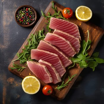 Slices of fresh tuna on a wooden board with herbs and lemon.