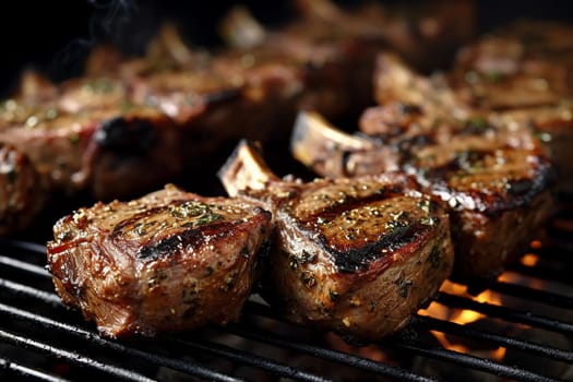 Juicy grilled steak with herbs sizzling over a barbecue.