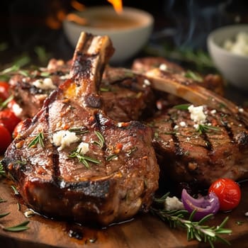 Grilled lamb chops garnished with herbs and spices
