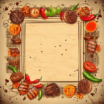 Vintage styled culinary background with various grilled meats and spices.