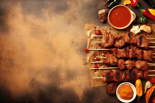 Grilled skewers and condiments on rustic background.