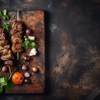 Grilled skewered meat with vegetables on a rustic wooden board.