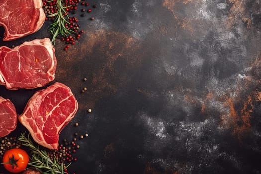 Raw steaks with herbs and spices on a dark background.