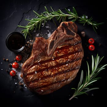 Juicy grilled steak with herbs and spices on dark background