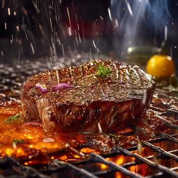 Sizzling steak on a grill with seasonings under a shower of sparks.