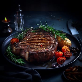 Grilled steak on plate with herbs and spices.