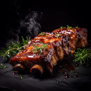 Succulent barbecued ribs with a glossy glaze and rosemary sprigs.
