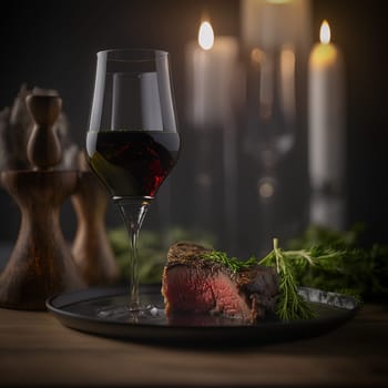 Elegant dinner setting with red wine and medium-rare steak.