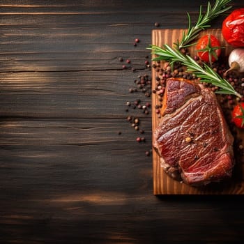 Grilled steak with spices and vegetables on a wooden board