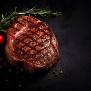 Grilled steak with herbs and spices on dark background